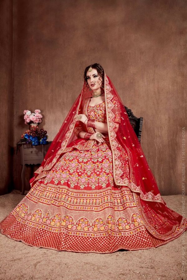 Aastha Fashion Women s Flattering Red Colored Designer Bridal Wear Embroidered Lehenga Choli For Discount