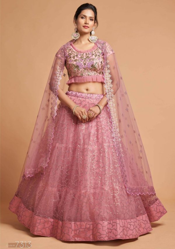 Aastha Fashion Women s Unique Blush Pink Thread Embroidered Net Party Wear Lehenga Choli Supply