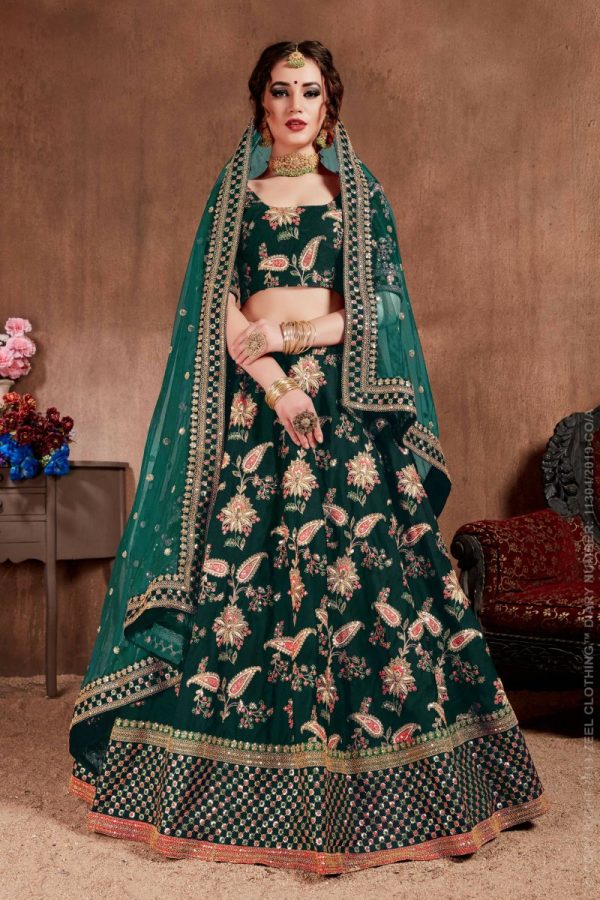 Aastha Fashion Women s Ethnic Dark Green Colored Bridal Wear Designer Embroidered Lehenga choli Discount