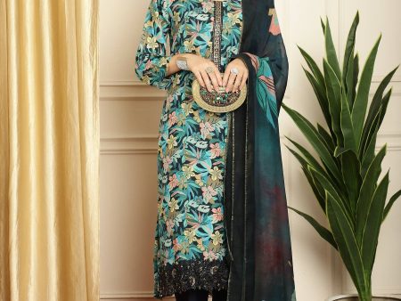 Aastha Fashion Women s Navy Blue Muslin Digital Printed with Embroidered Lace work Kurta with Trouser & Dupatta on Sale