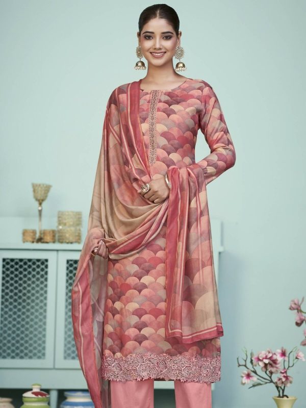 Aastha Fashion Women s Peach Muslin Digital Print with Resham Thread work Kurta with Trouser & Dupatta Fashion