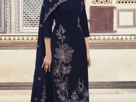 Aastha Fashion Women s Navy Blue Velvet Resham Thread with Jari & Sequin Kurta with Trouser & Dupatta Hot on Sale