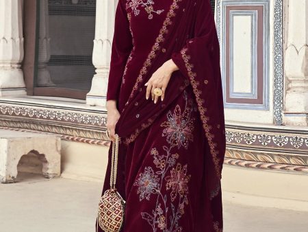 Aastha Fashion Women s Maroon Velvet Resham Thread with Jari & Sequin Kurta with Trouser & Dupatta Online now