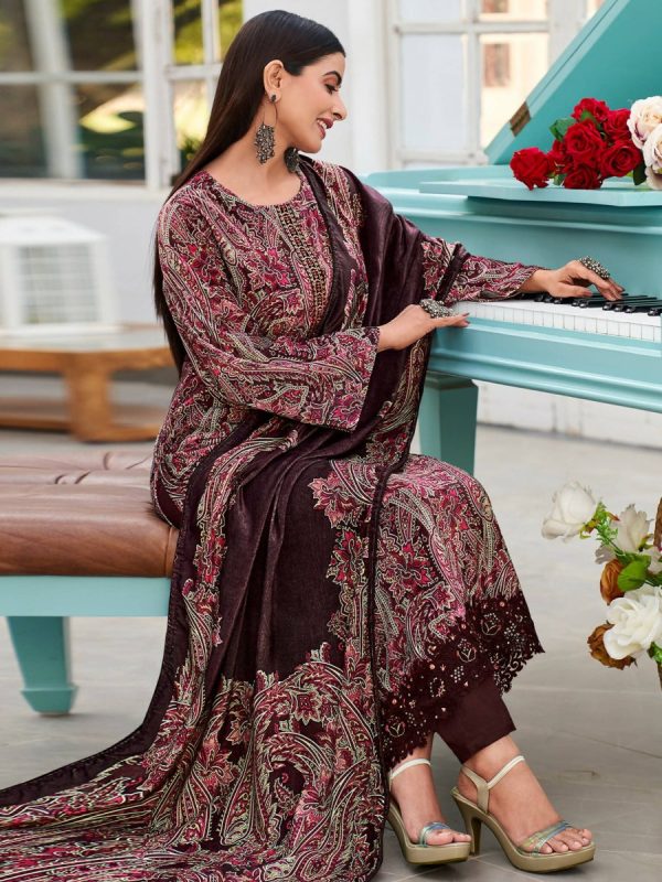 Aastha Fashion Women s Wine Velvet Digital Print with Resham Thread work Kurta with Trouser & Dupatta Supply