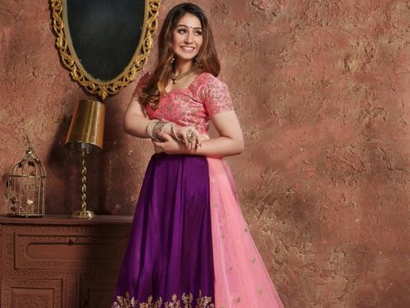 Aastha Fashion Women s Purple Sequins Embroidered Silk Wedding Wear Lehenga Choli Hot on Sale