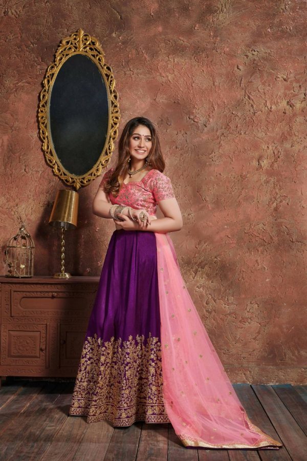 Aastha Fashion Women s Purple Sequins Embroidered Silk Wedding Wear Lehenga Choli Hot on Sale