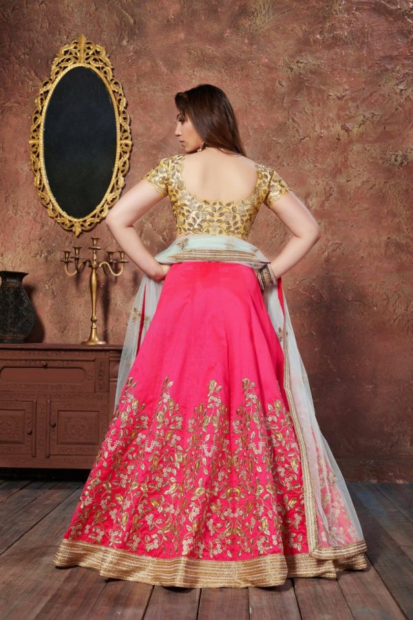 Aastha Fashion Women s Pink-Yellow Thread Embroidery Silk Wedding Wear Lehenga Choli Online Hot Sale