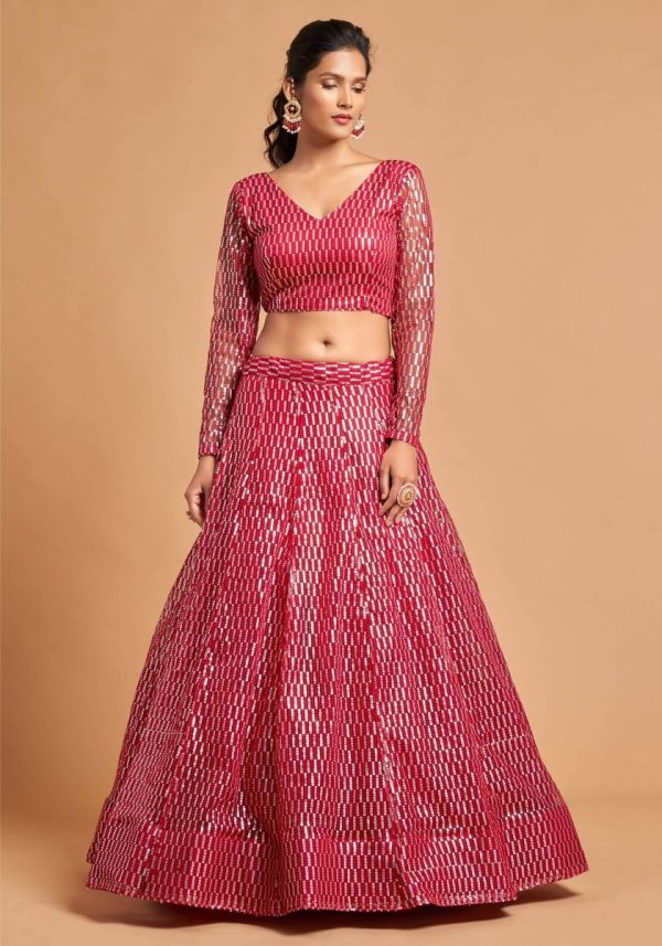 Aastha Fashion Women s Superb Hot Pink Thread Embroidered Net Party Wear Lehenga Choli on Sale