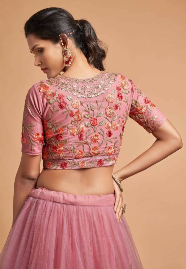 Aastha Fashion Women s Incredible Dusty Pink Thread Embroidered Net Function Wear Lehenga Choli Online