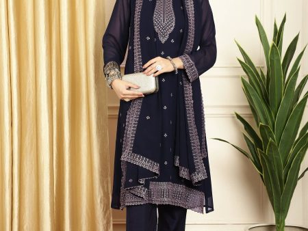 Aastha Fashion Women s Navy Blue Georgette Resham Thread & Sequin Kurta with Trouser & Dupatta Online Hot Sale