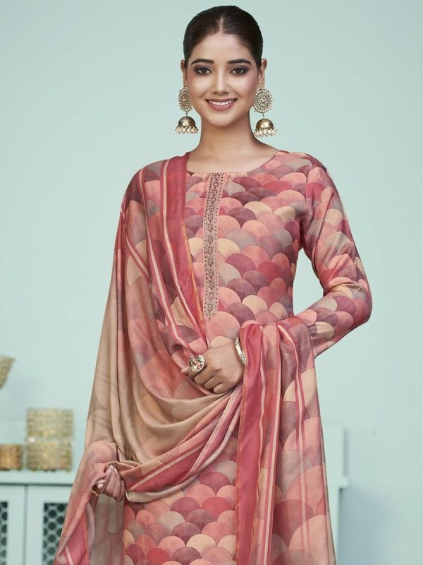 Aastha Fashion Women s Peach Muslin Digital Print with Resham Thread work Kurta with Trouser & Dupatta Fashion