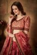 Aastha Fashion Women s Stunning Maroon Floral Print Organza Silk Wedding Lehenga Choli With Peach Blouse Sale