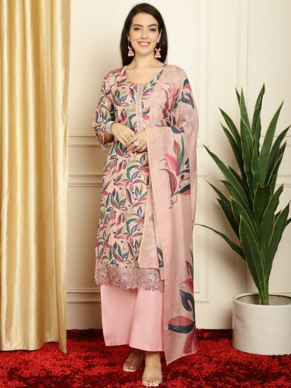 Aastha Fashion Women s Pink Muslin Digital Printed with Embroidered Lace work Kurta with Trouser & Dupatta For Sale