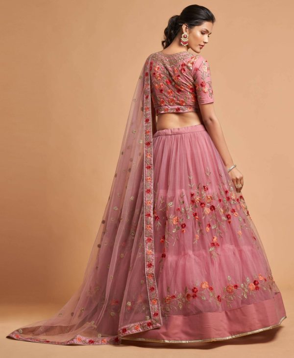 Aastha Fashion Women s Incredible Dusty Pink Thread Embroidered Net Function Wear Lehenga Choli Online