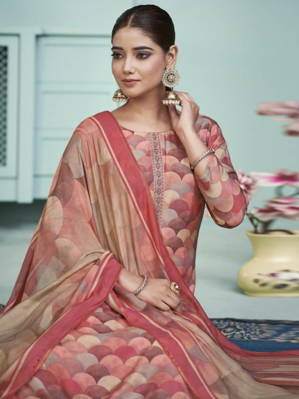 Aastha Fashion Women s Peach Muslin Digital Print with Resham Thread work Kurta with Trouser & Dupatta Fashion