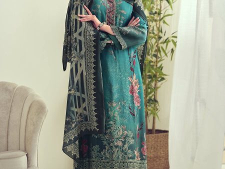 Aastha Fashion Women s Teal Muslin Floral Digital Print with Resham Thread work Kurta with Trouser & Dupatta on Sale