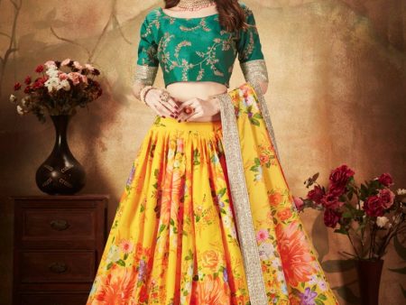 Aastha Fashion Women s Yellow-Green Floral Digital Printed Organza Bridal Lehenga Choli Sale