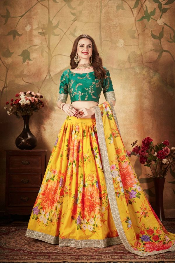 Aastha Fashion Women s Yellow-Green Floral Digital Printed Organza Bridal Lehenga Choli Sale