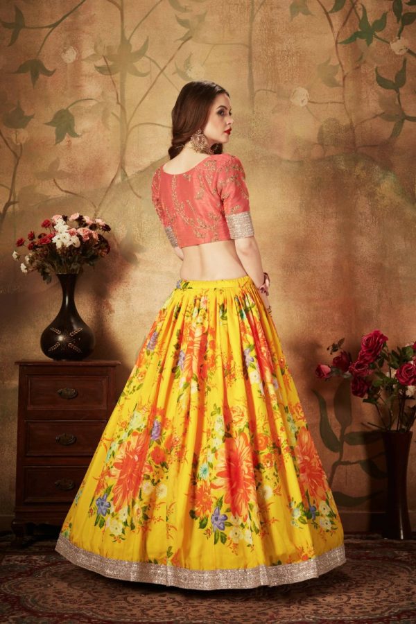 Aastha Fashion Women s Yellow Digital Printed Organza Silk Wedding Lehenga Choli With Orange Blouse Hot on Sale