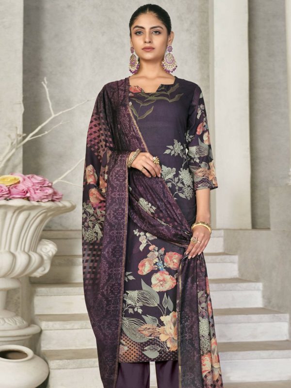 Aastha Fashion Women s Violet Pashmina Floral Digital Printed Kurta with Trouser & Dupatta Online now