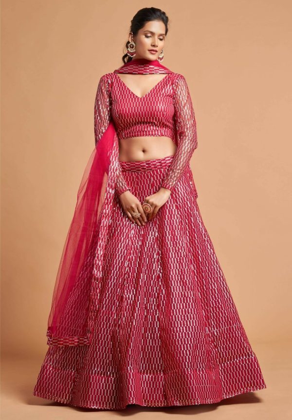 Aastha Fashion Women s Superb Hot Pink Thread Embroidered Net Party Wear Lehenga Choli on Sale