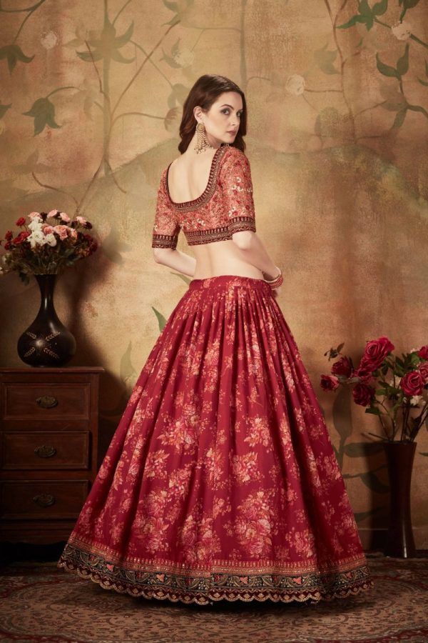 Aastha Fashion Women s Stunning Maroon Floral Print Organza Silk Wedding Lehenga Choli With Peach Blouse Sale