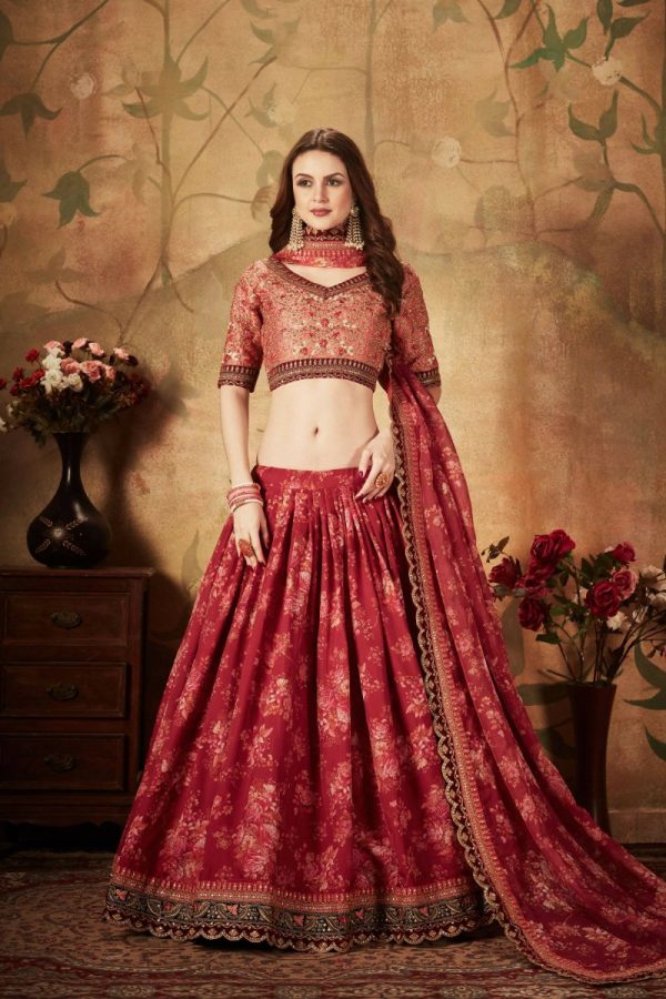 Aastha Fashion Women s Stunning Maroon Floral Print Organza Silk Wedding Lehenga Choli With Peach Blouse Sale